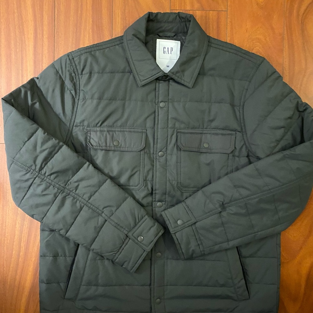 🐘GAP Men's Gray Quilted Puffer Shirt Jacket EUC🐘